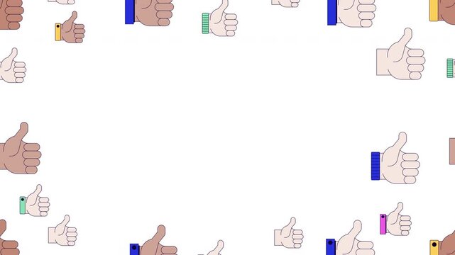 Social media thumbs up animated frame overlay. Likes. Decorative border template animation on transparent background. Horizontal 4K video with copy space. Seamless motion graphics with alpha channel