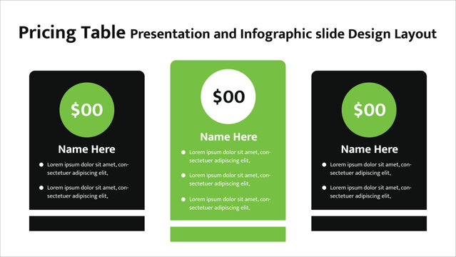 Professional pricing table presentation slide layout with three columns for comparing different service plans