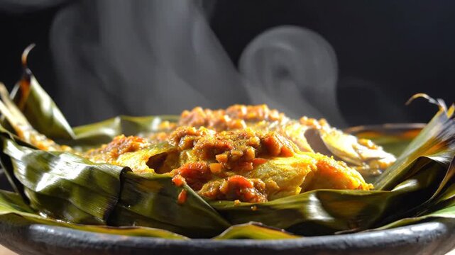 Steaming traditional dish served on banana leaf showcasing vibrant flavors