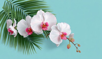Naklejka na ściany i meble Pastel orchid and palm leaf arrangement on a light teal background