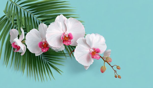 Pastel orchid and palm leaf arrangement on a light teal background