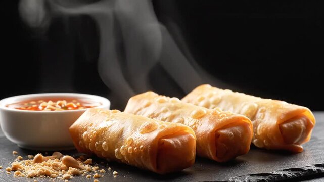 Delicious sizzling spring rolls served with spicy dipping sauce on dark textured surface