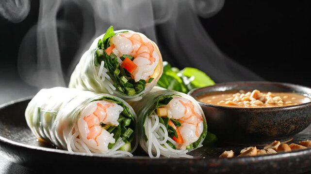 Delicious fresh Vietnamese spring rolls filled with shrimp and vegetables on a dark background with aromatic herbs