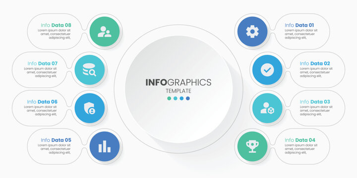 Clean and modern circular infographic template featuring 8 connected data points with minimal flat icons and soft color gradients.