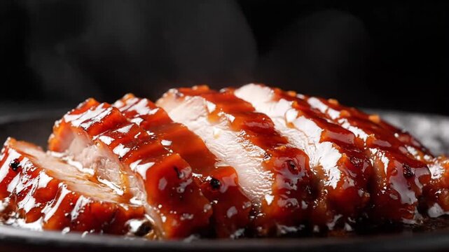 Sizzling barbecue glazed pork loin slices with rich sauce presentation in a row