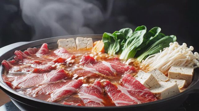 Sizzling hot pot with fresh ingredients including thinly sliced meat tofu greens and enoki mushrooms for a savory cooking