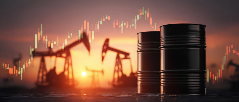 Stack of oil barrels with pumpjacks in background at sunset and financial chart overlay. Concept of oil prices, global energy market, petroleum industry, supply and demand dynamics.