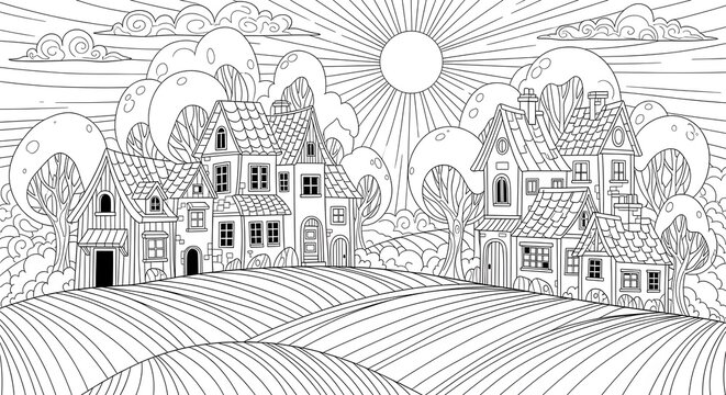Intricate cityscape coloring vector page detailed line art for relaxing adult coloring