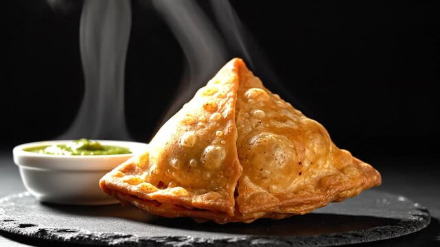 Close-up of hot crispy samosas with bubbling oil and aromatic green chutney on side