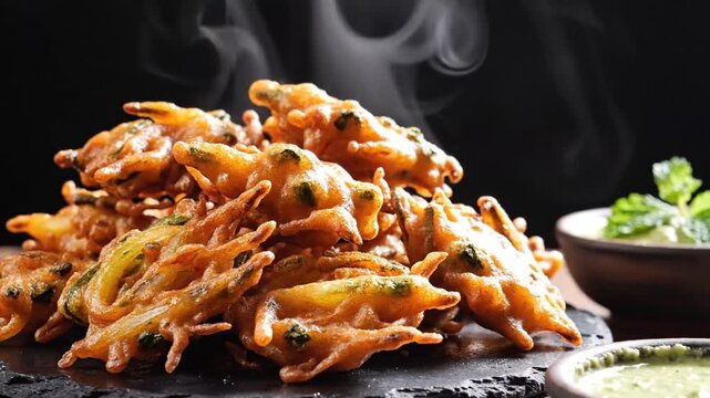 Multiple frames capturing a steaming plate of crispy fried vegetable fritters garnished with lemon and herbs on a dark slate
