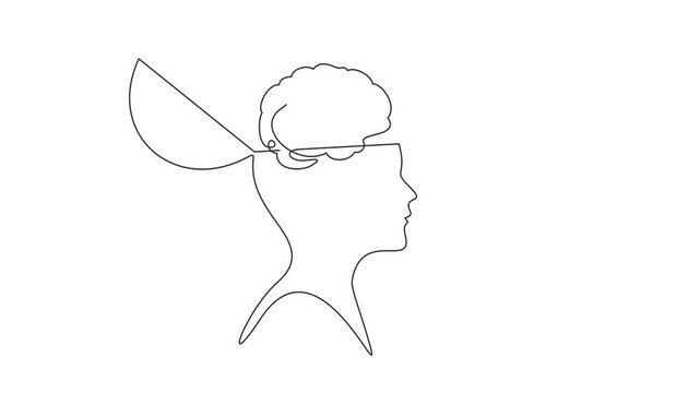 Animated self drawing of continuous line draw of  Magnifying glass and confused feelings and thoughts in head. Psychology concept.    Full length one line animation. 4K	
