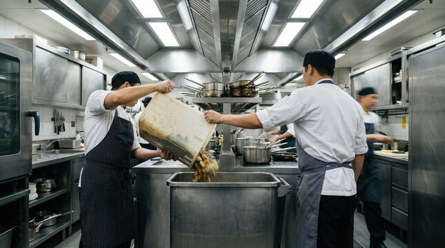 Professional chefs dump food waste into a stainless steel garbage container. Industrial kitchen setting showing waste management. Ideal for food industry and environment articles.