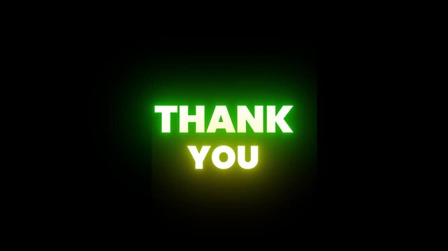 A glowing green neon sign displays thank you on black background