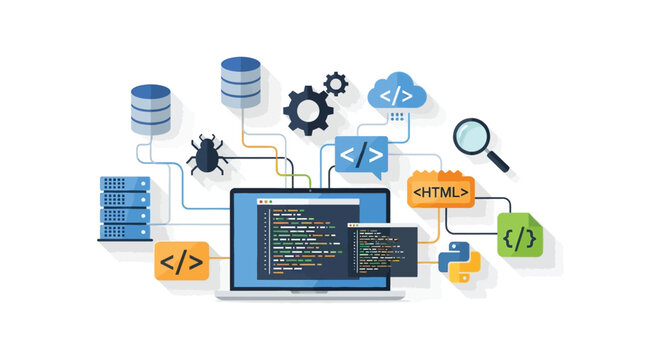 A digital illustration depicting data connections coding and technology elements with a focused laptop silhouette high quality professional detailed modern elegant