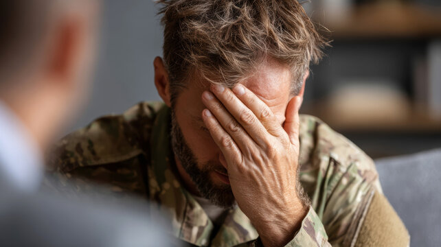 Middle aged retired serviceman receiving psychological treatment