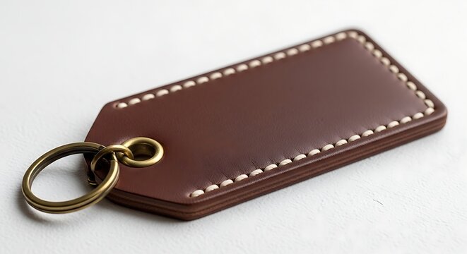 Premium brown leather keychain luggage tag with white hand stitching and vintage brass ring on white background, keychain