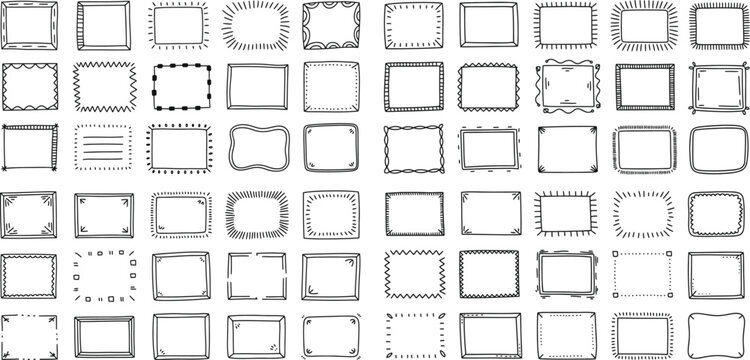 Hand drawn doodle rectangle frames set. Scribble pencil square and rectangular empty text boxes. Simple line border design elements decoration.