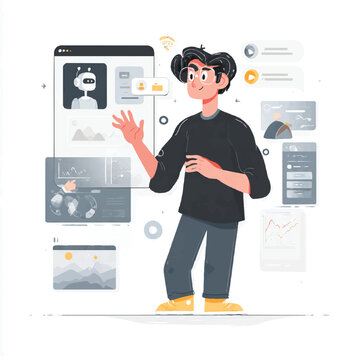 Young Man Developer Interacting With Futuristic AI Chatbot Interface Illustration