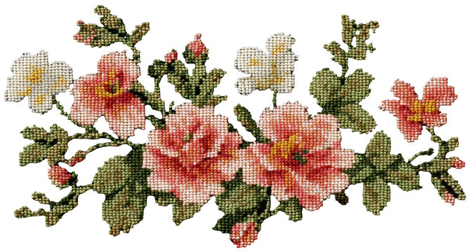 Vintage floral cross stitch bouquet isolated PNG, detailed embroidery flowers clipart