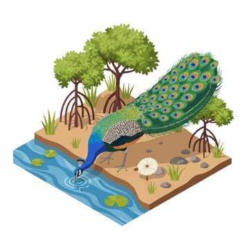 Isometric 3D illustration of a blue male peacock drinking water from a river in a mangrove habitat with stilt trees, green foliage, sand, rocks, and lily pads on white background.