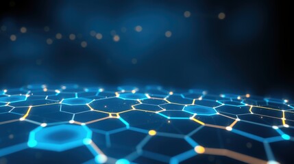 Fototapeta premium Hexagonal grid glows, vibrant blue tones dominate. Futuristic network suggests connectivity, technology, data streams. Depth creates immersive visual experience.