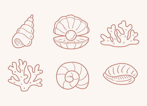 Elegant Coastal Seashell and Coral Line Art Set Minimal Marine Nature Collection