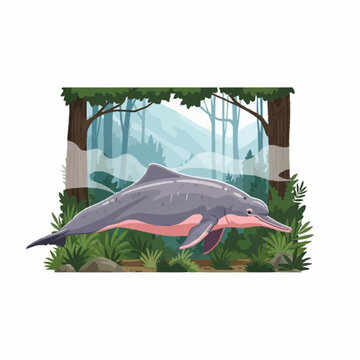 Vector illustration of an Amazon river dolphin or pink boto swimming in a misty tropical rainforest river environment with dense green jungle foliage and tall trees on white background.