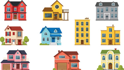 Fototapeta premium Residential Houses Collection Set with Various Home Styles, Modern and Classic Architecture Buildings for Real Estate and Urban Design Vector Illustration