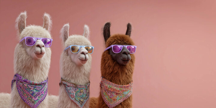 Three funny llamas wearing colorful bandanas and trendy sunglasses pose on a pink background, standing together like a stylish group of friends.