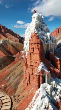 The Danxia landform landscape covered with ice and snow, the Danxia scenery of the icicle red mountain
