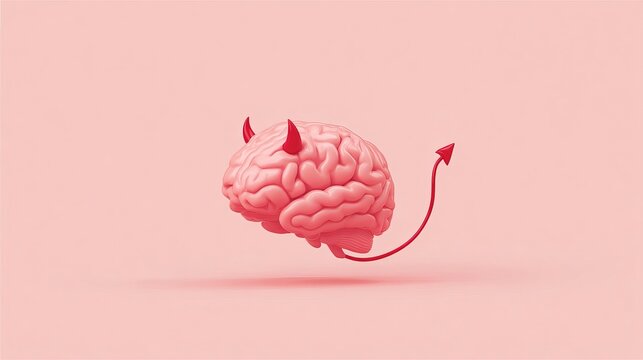 A pink brain with devil horns and tail floats in the air on a pink background
