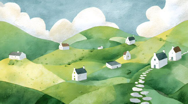 White houses on green rolling hills under cloudy sky, watercolor countryside landscape