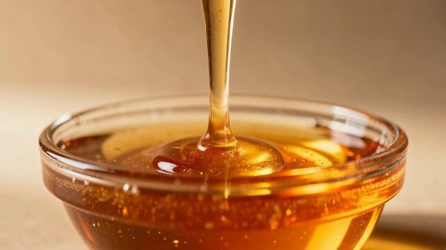 Close up shot of golden honey pouring into a glass bowl with smooth texture and warm lighting