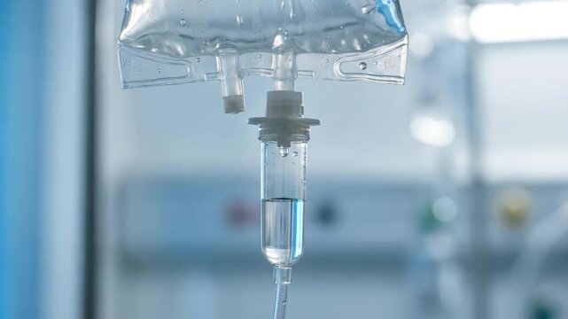 Close-up intravenous drip chamber with fluid drops in hospital setting, representing healthcare treatment, emergency care, hydration therapy, medical support.