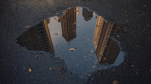 City Skyline Reflected in Puddle with Autumn Leaves - Urban Reflection Concept
