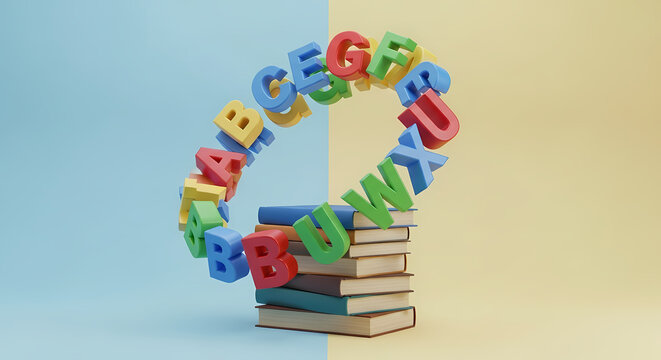 A stack of books with colorful alphabet letters