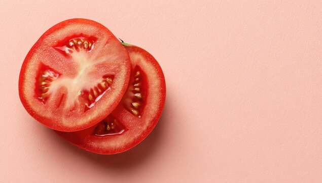 Two vibrant red tomato slices overlap on a pale pink surface