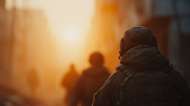 Military operation in urban area soldiers in action dramatic sunset tactical environment heroic viewpoint