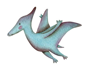 Watercolor pterodactyl isolated. Hand-drawn naive childish flying dinosaur character with blue wings. Stylish minimalist silly element for nursery stationery packaging fabric textile design © Olena Yevsikova