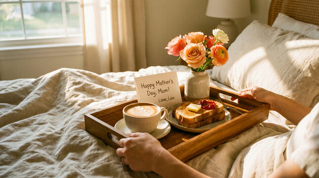 Desayuno especial en cama con flores y caf&eacute; para celebrar el D&iacute;a de la Madre.