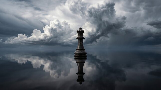 Queens Gambit Chess Piece Reflecting on Stormy Waters.
