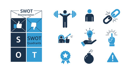 Fototapeta premium Strategic SWOT analysis concept with teamwork, innovation, and achievement icons in a business context.