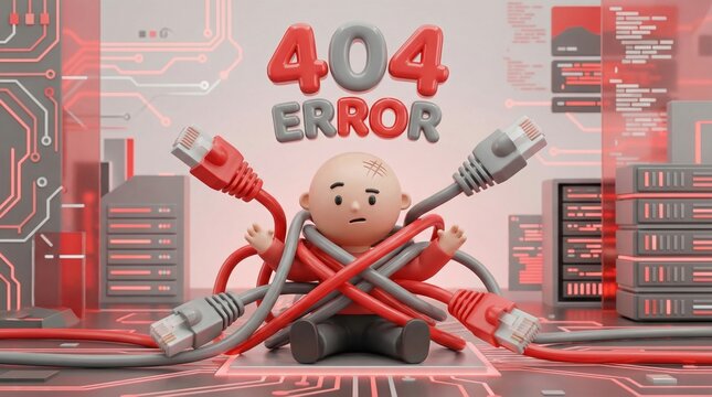 A 3D character is tangled in red and grey network cables under a 404 error sign. It represents technical difficulties and IT frustration. Perfect for website maintenance pages or tech blogs.