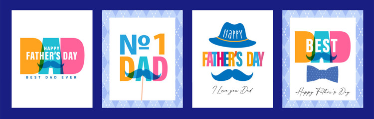 Best DAD ever, Happy Fathers Day greeting cards set 2026. Creative Father's Day posters dasign with colorful lettering, mustache, bow tie and hat. Vector illustration © koltukovs