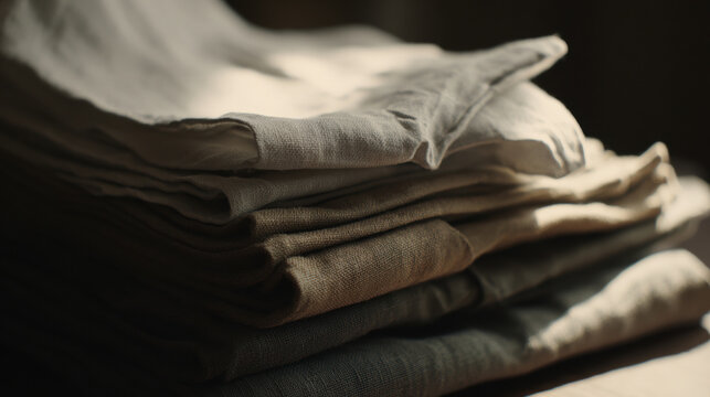 Close-up natural fiber textiles stack in earthy tones with soft light