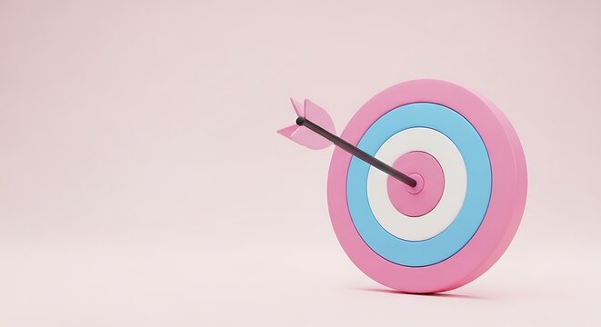 Pink and blue target with arrow hitting the center bullseye on pastel pink background for success concept bullseye achievement