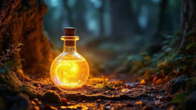 A glowing potion in a glass bottle sits in a mystical forest.