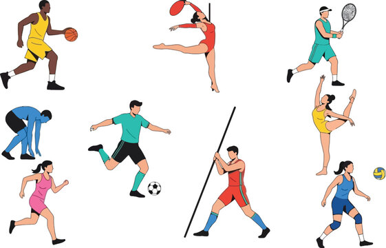 Sports Athletes Characters Set with Basketball Gymnastics Tennis Soccer Running Volleyball and Pole Vault Action Collection Flat Vector Illustration