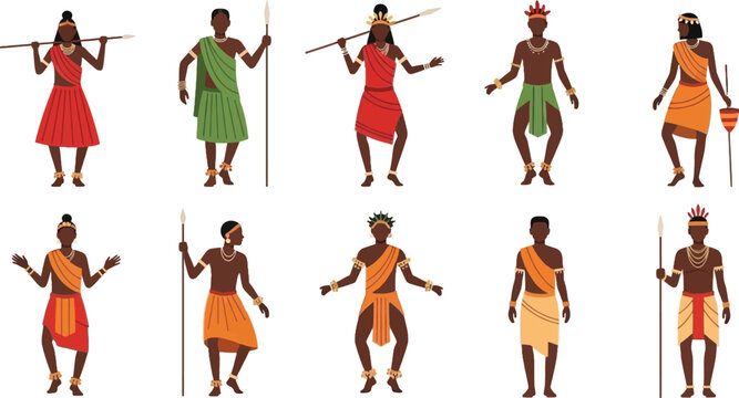 African Tribal People Characters Set with Traditional Clothing Dancing Warriors and Cultural Ethnic Costume Collection Flat Vector Illustration