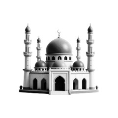Fototapeta premium Black and white halftone illustration of a mosque with domes and minarets, symbolizing Islamic architecture, religion, culture, and places of worship.